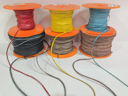 6 spools of 3mm lace in different colours. 6 colours are black, choc, tan, red, yellow, turquoise.